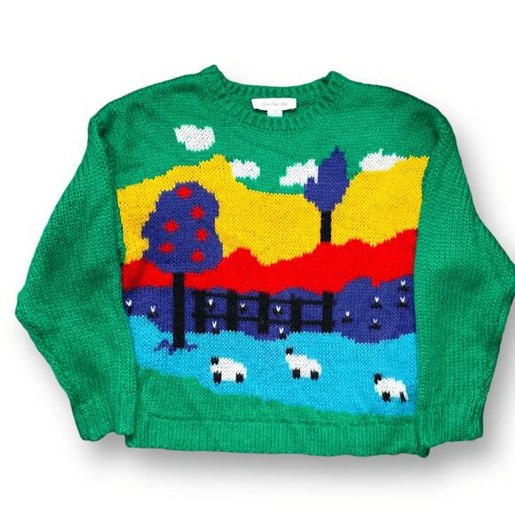 Lisa Says Gah Campagne Sweater Medium Sheep Landscape Knit Green Pullover Light - Picture 1 of 13